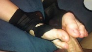Sheer sock fetish Amateur footjob 44 ripped black nylon socks ballbusting with hot cumshot