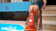 Pleasure cone Fucking her loose ass with a giant road cone